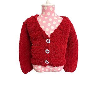 Vintage KIDS Sweater Hand-Knit Red Chunky Cardigan Darling Decorative Buttons
